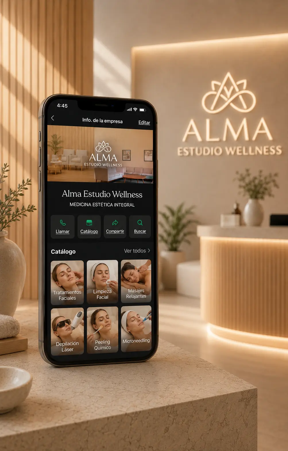 Catálogo de servicios integrado en WhatsApp para Alma Estudio Wellness